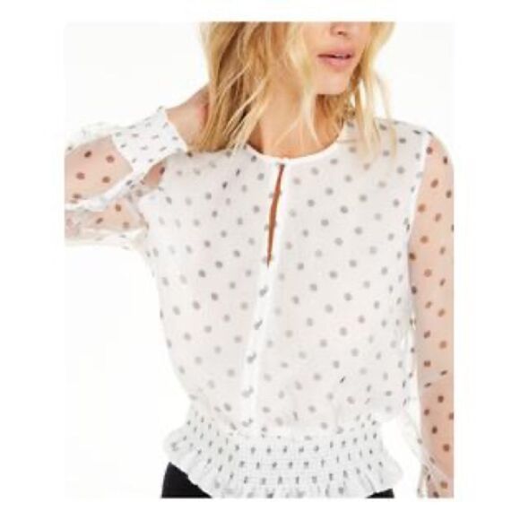 BAR III Women’s White Sheer Polka Dot Long Sleeve V Neck Top - Picture 2 of 9